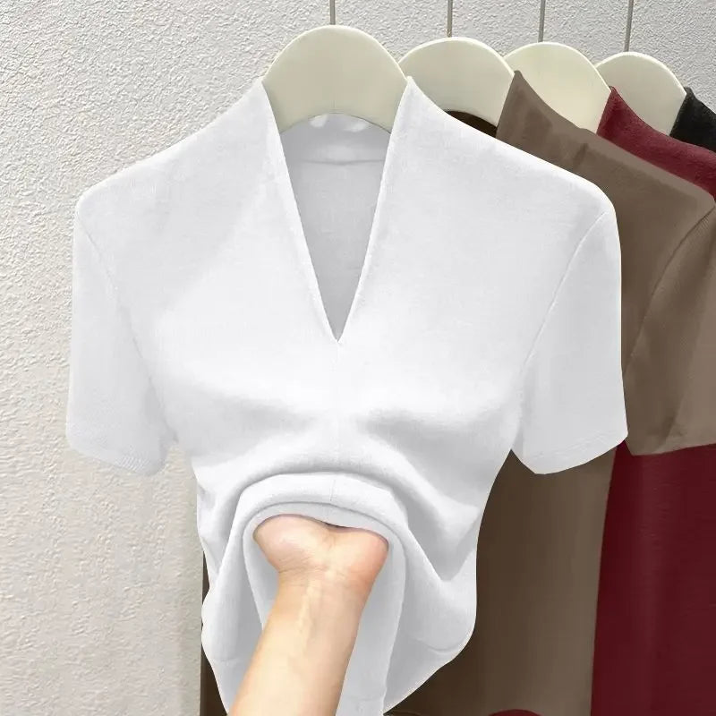 White slim-fit V-neck women’s summer top, short sleeves with soft drape at neckline