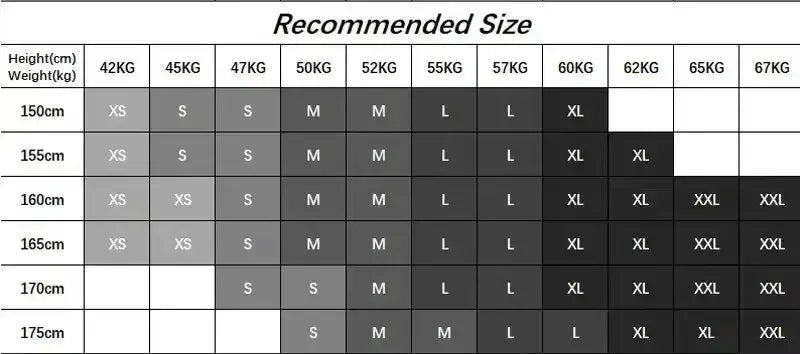 Recommended size chart by height and weight for denim jeans sizes XS to XXL