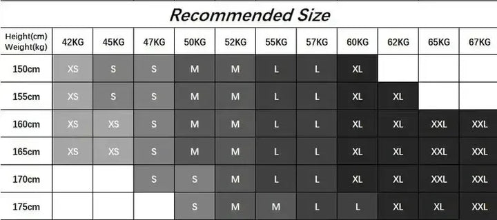 Recommended size chart by height and weight for denim jeans sizes XS to XXL