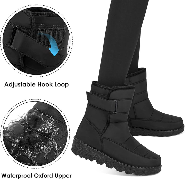 Black snow boots with adjustable hook loop and waterproof Oxford upper, shown on a white background.