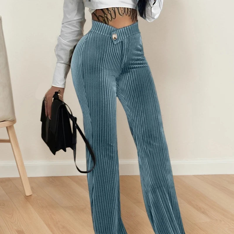 Ribbed velvet flare palazzo pants, high-waist elastic, vertical stripes, blue-green