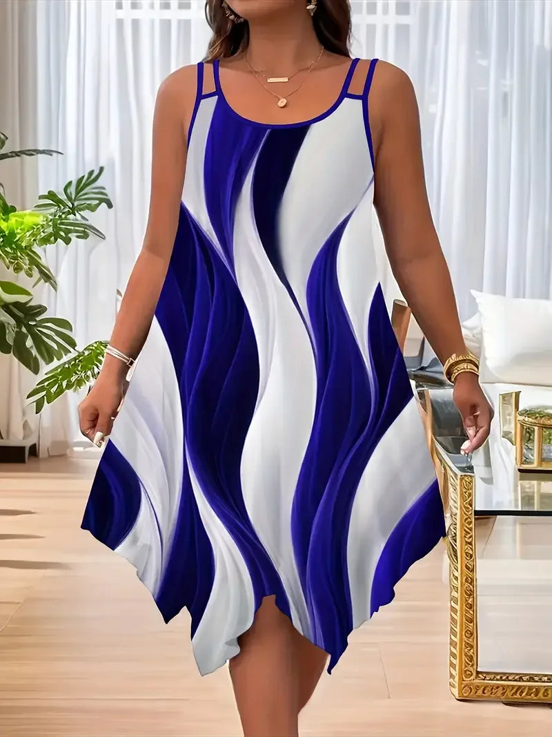 Woman wearing a blue and white dress with a wavy pattern in a room with a plant and furniture.