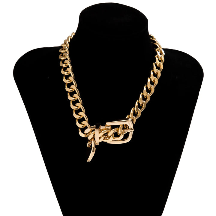Gold chunky chain choker with geometric front clasp and dangling tip