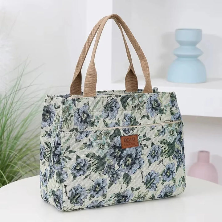 Floral Canvas Zip Tote With Jacquard Detail & Large Capacity