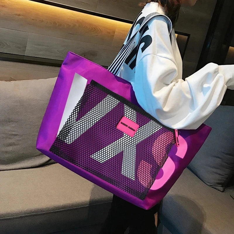 PURPLE waterproof nylon tote bag with big white-and-pink letter print and laptop inner