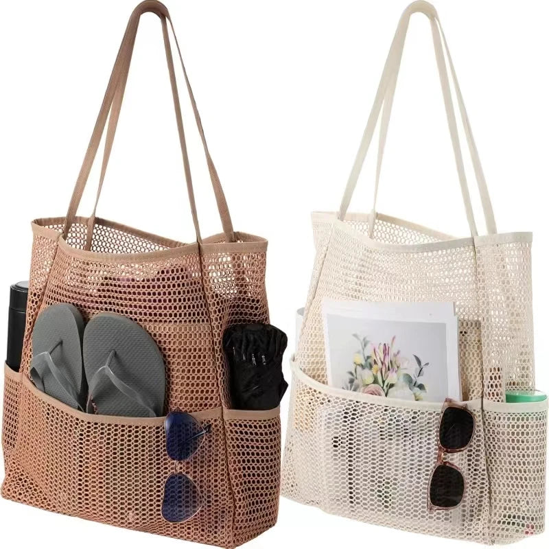 Mesh travel tote in beige and light color, two large open-top bags with handles