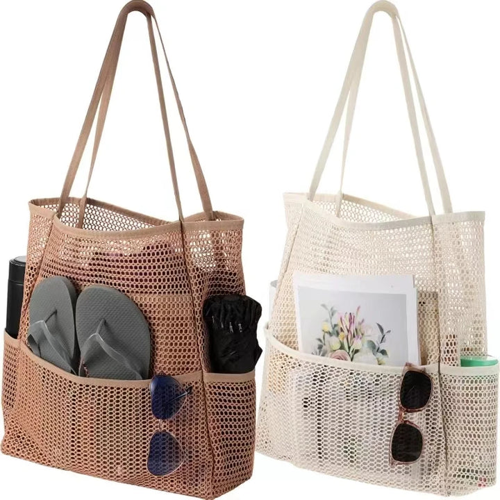 Mesh travel tote in beige and light color, two large open-top bags with handles
