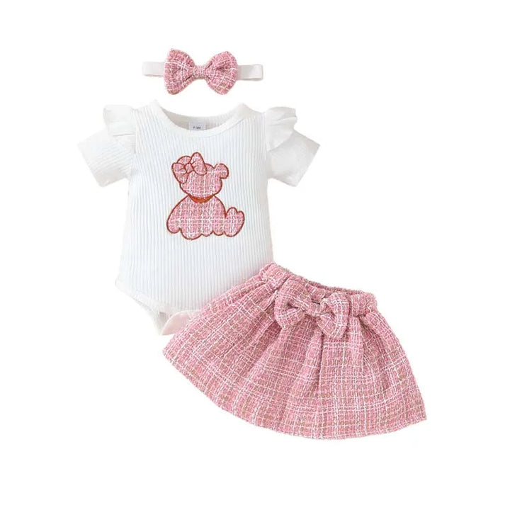 Embroidered Bear Short Sleeve Romper Bow Skirt with Headband
