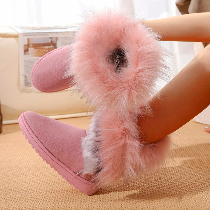 Women’s mid-calf slip-on winter boots, pink suede with fluffy pink fur trim and thick sole
