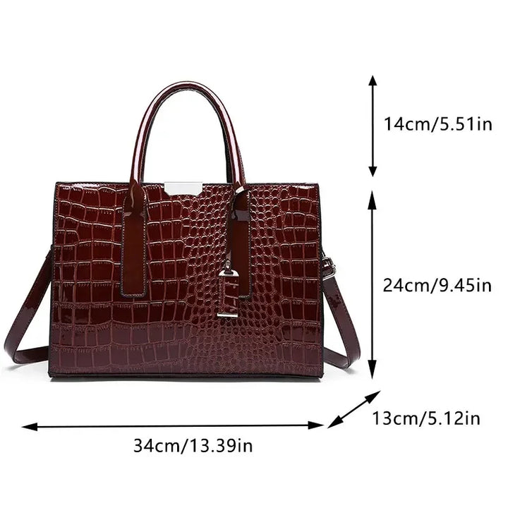 Crocodile-pattern leather tote handbag with top handles and shoulder strap, wine red.