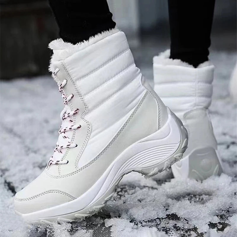 Women's lace-up winter snow boots, white with plush lining and chunky sole