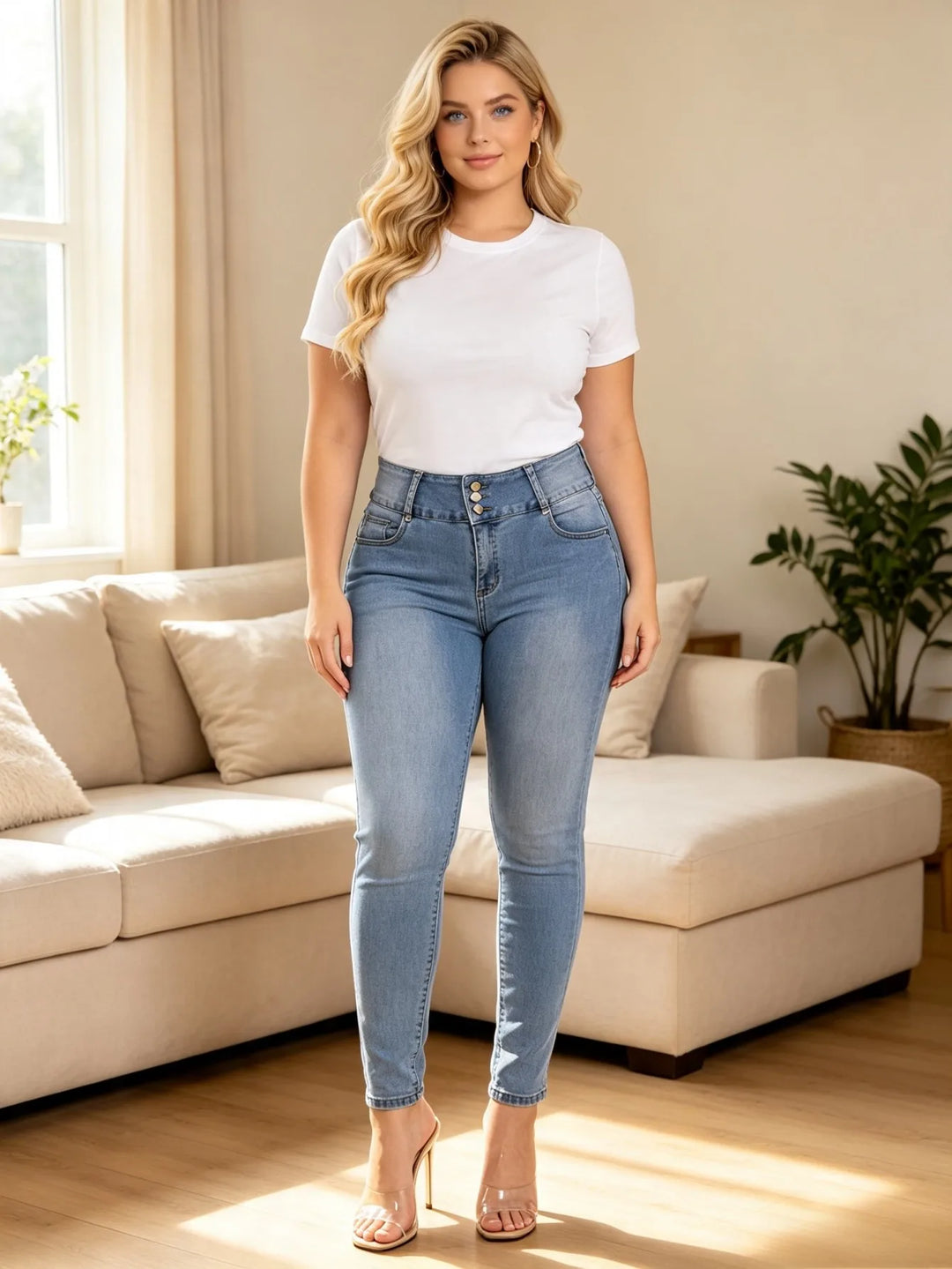 Blue high-rise stretch denim jeans with rhinestone pocket embroidery and 3-button front