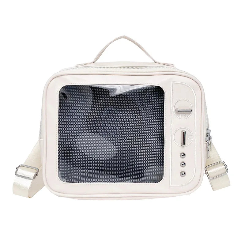 White transparent mesh crossbody bag with zipper and adjustable shoulder straps
