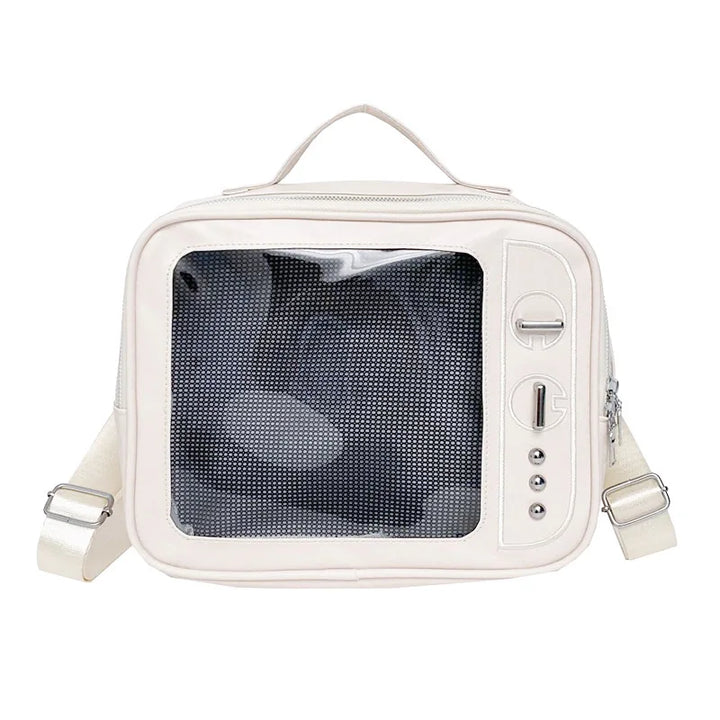 White transparent mesh crossbody bag with zipper and adjustable shoulder straps