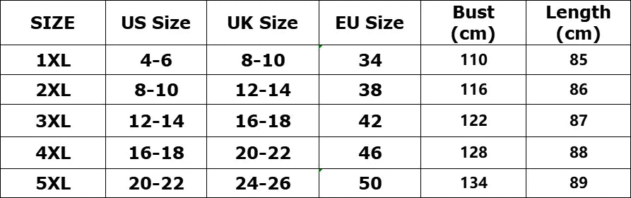 Size chart for clothing with US, UK, EU sizes and measurements.