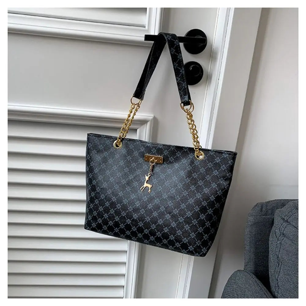 Large patterned bucket tote bag with chain handles and top clasp, dark charcoal/black