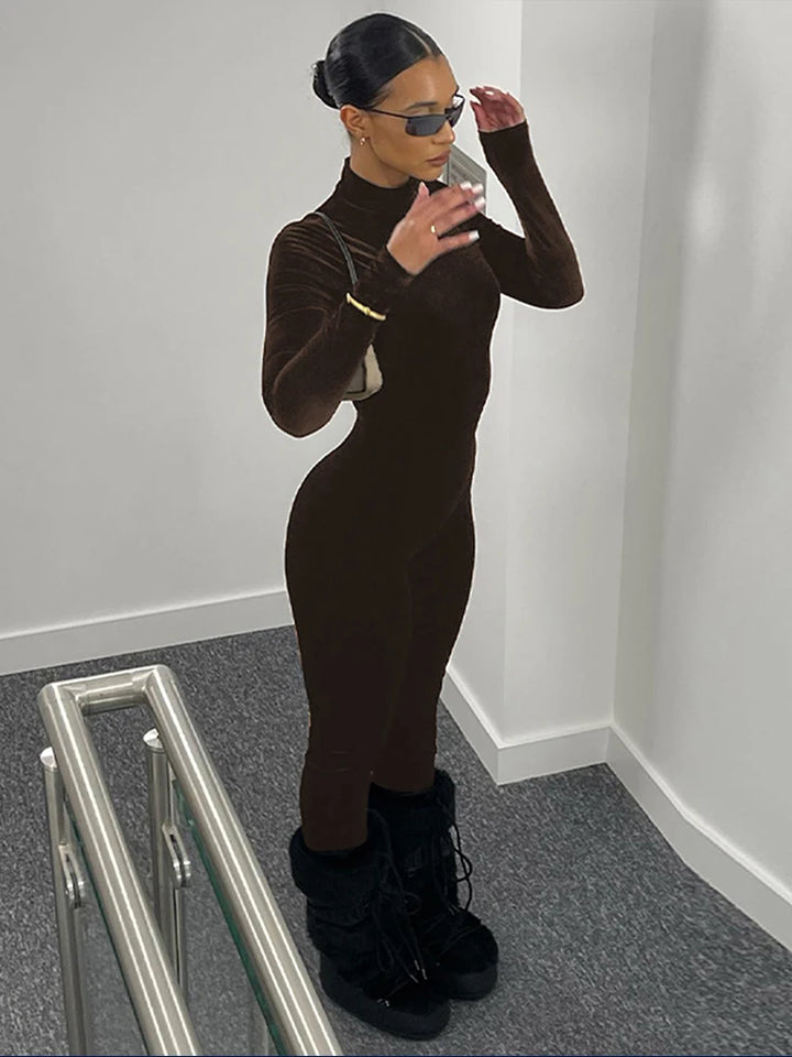 Sexy Y2K Velvet Long Sleeve Bodycon Jumpsuits
