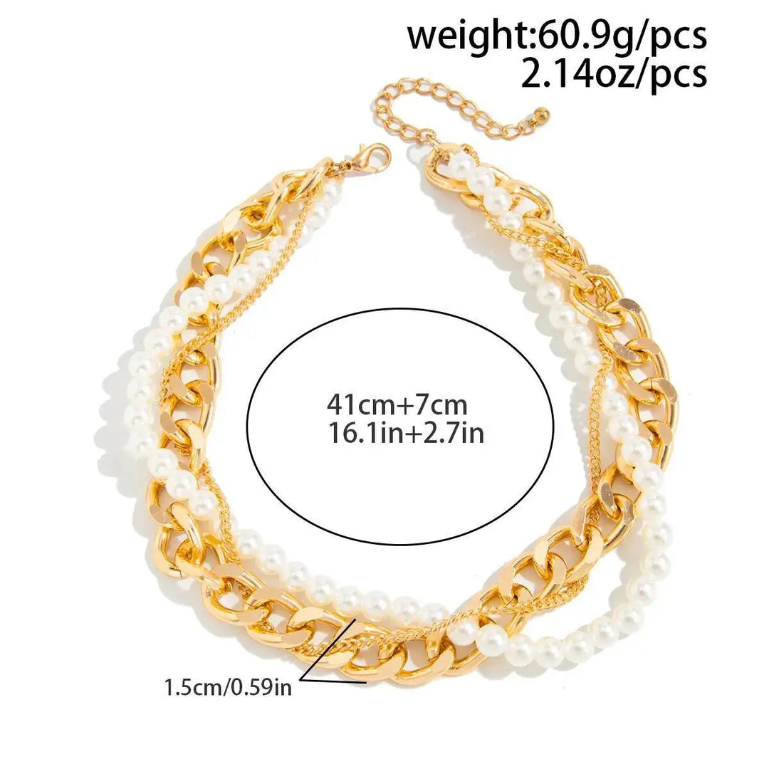 Gold chain and pearl necklace with measurements on a white background
