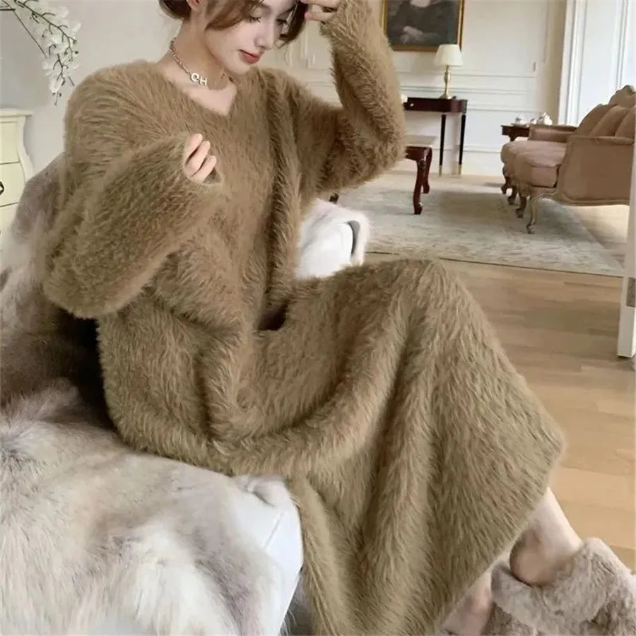 Plush Oversize Soft Knitted Mink Sweater Dresses