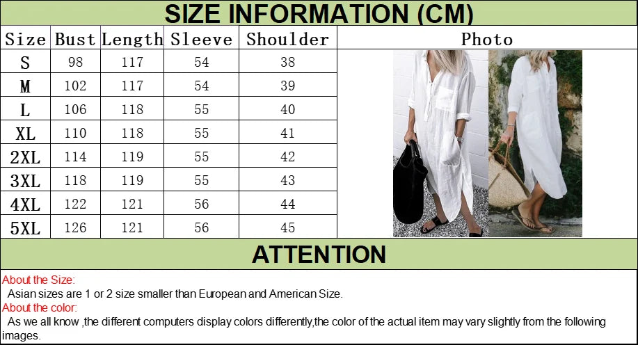 Size chart for a garment with measurements in centimeters and two models wearing the garment.