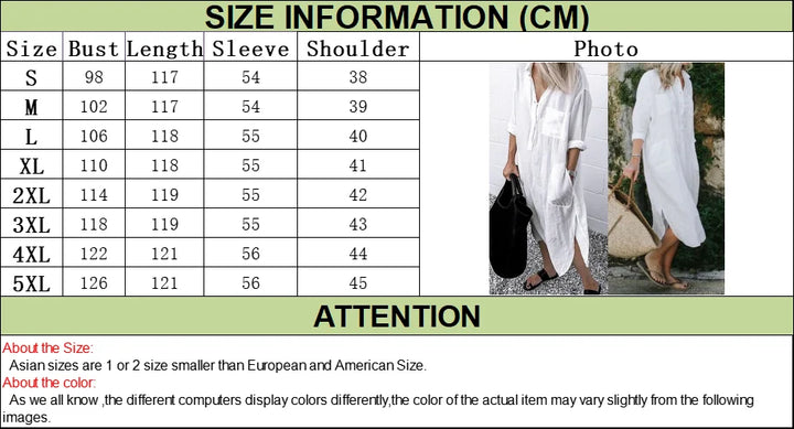Size chart for a garment with measurements in centimeters and two models wearing the garment.