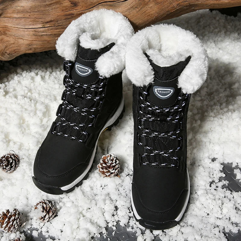 Women's black mid-calf lace-up snow boots with plush fleece lining and textured sole