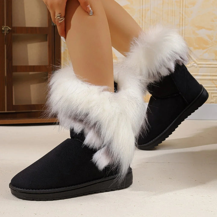 Women’s mid-calf slip-on winter boots, black suede with white plush fur trim and thick sole