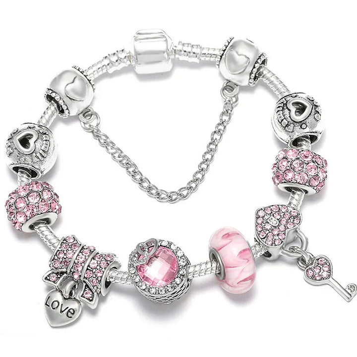 Silberfarbenes Charm-Armband mit rosa Kristallperlen, Herz-„Love“ und runden Anhängern