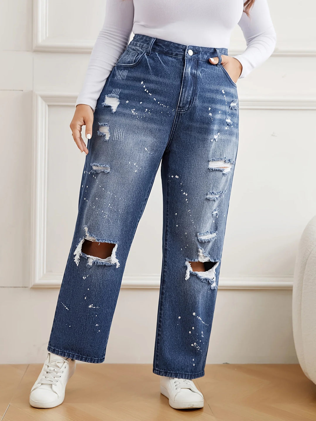 Destroyed Ripped Hole Zipper-fly Plus Size Denim Jeans