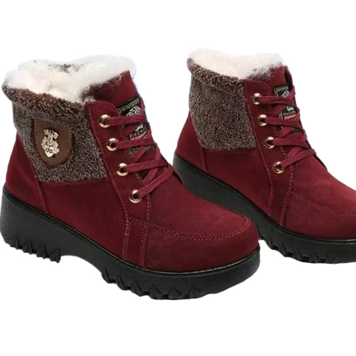 Women’s lace-up winter boots in burgundy with gray collar and faux-fur trim