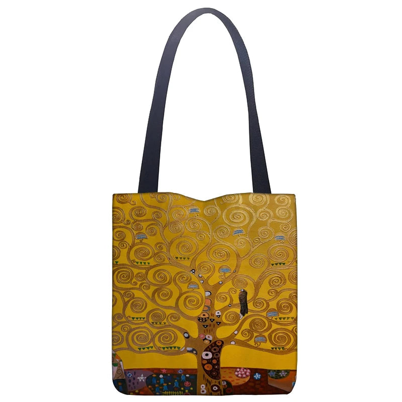 Klimt Tree of Life linen shoulder tote bag with warm gold artwork and navy handles