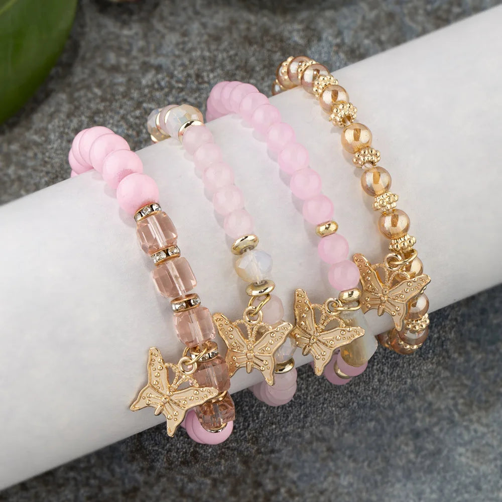 Trendy 4pcs Butterfly Crystal Beaded Chain Bracelets - Flossy Mom