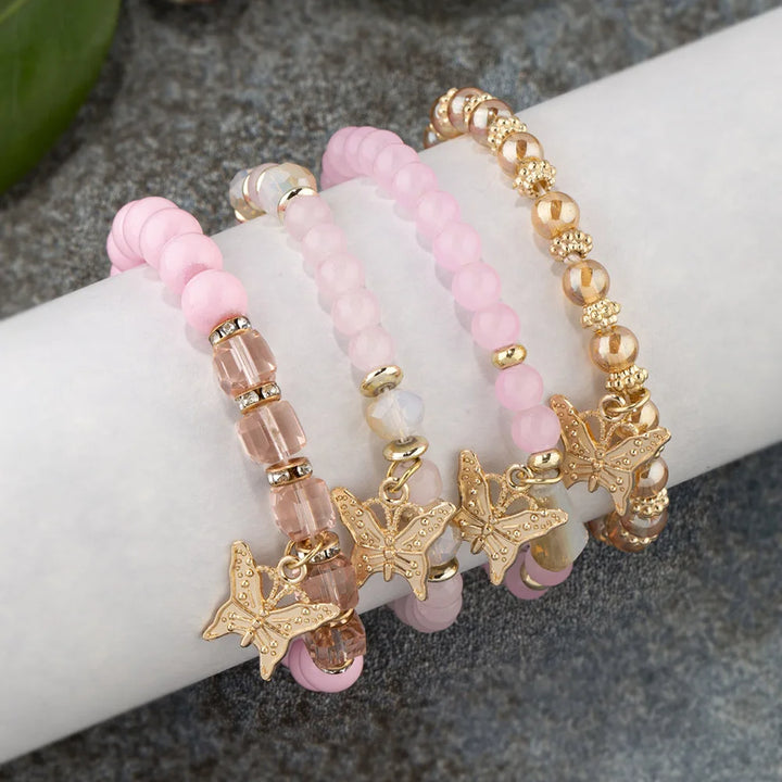 Trendy 4pcs Butterfly Crystal Beaded Chain Bracelets - Flossy Mom