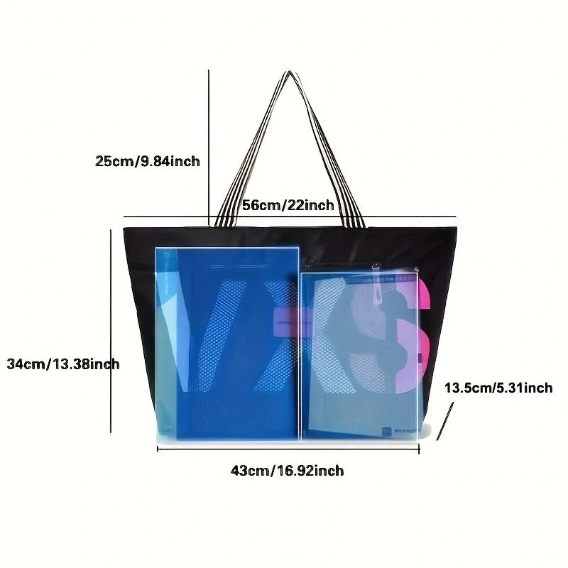 Waterproof nylon tote bag size chart: 43x34x13.5 cm with laptop interlayer
