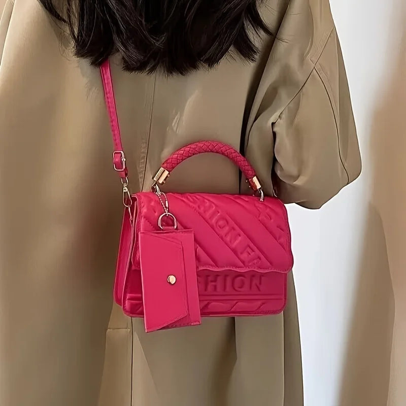Women’s quilted crossbody bag in rose red with flap closure and mini coin pouch