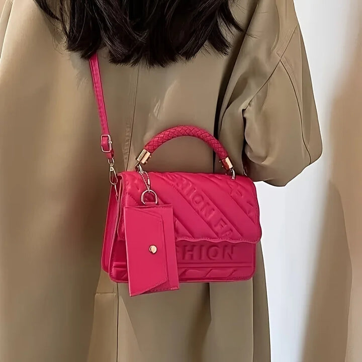 Women’s quilted crossbody bag in rose red with flap closure and mini coin pouch