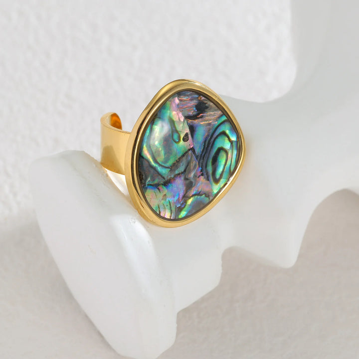 Gold open ring with oval abalone shell inlay, iridescent multicolor, split band