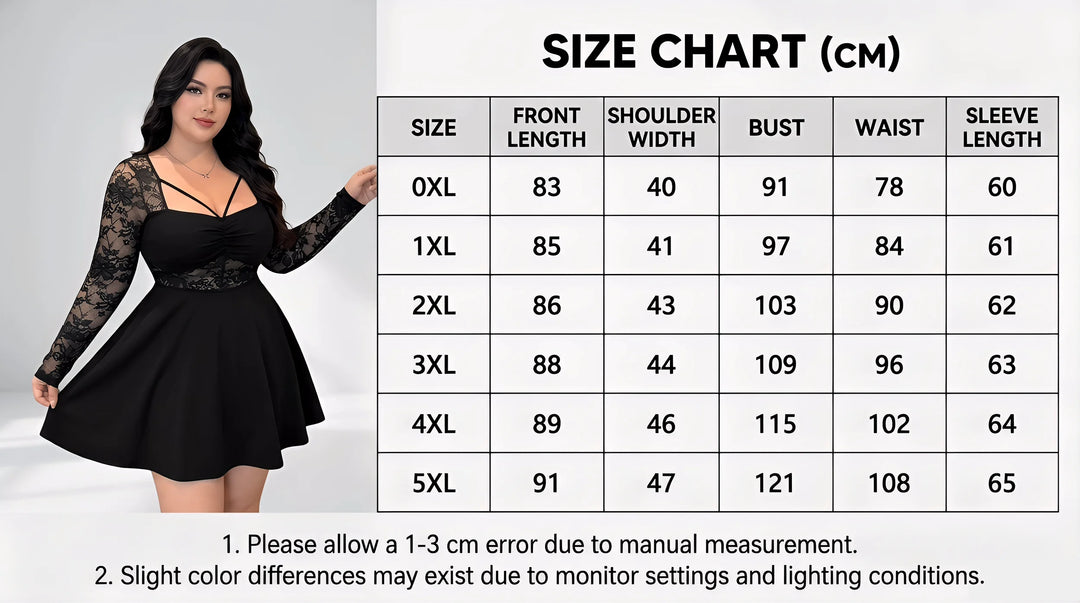 Size chart (cm) for black lace long sleeve ruched mini dress: 0XL–5XL