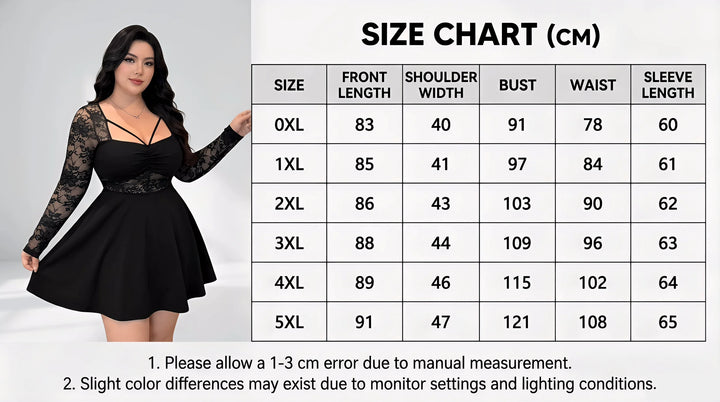 Size chart (cm) for black lace long sleeve ruched mini dress: 0XL–5XL
