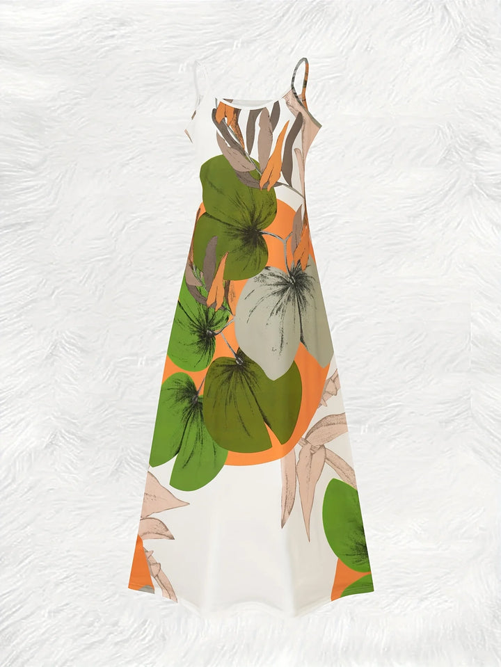 Vestido maxi sin mangas con tirantes finos y grandes formas verdes y naranjas