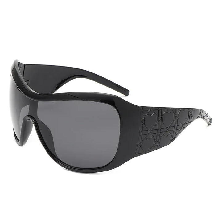 Black sunglasses with a geometric pattern on a white background