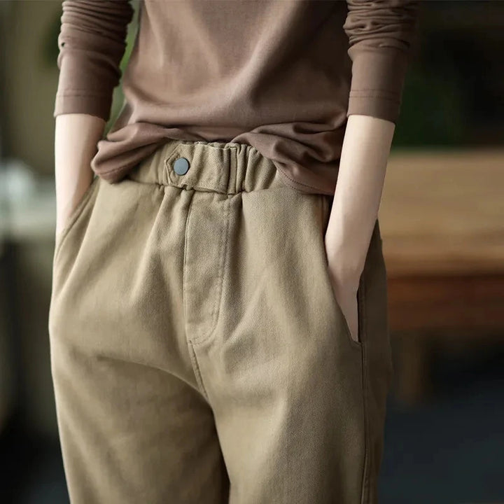 Women's Khaki Cotton Harem Pants Showing Gathered Elastic Waist And Side Pockets