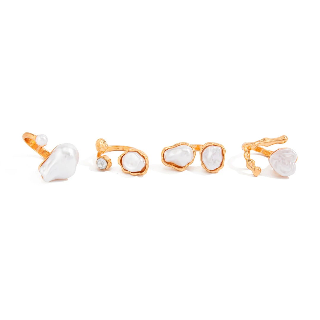 Women's open baroque pearl rings, gold-tone geometric frames with white faux pearls