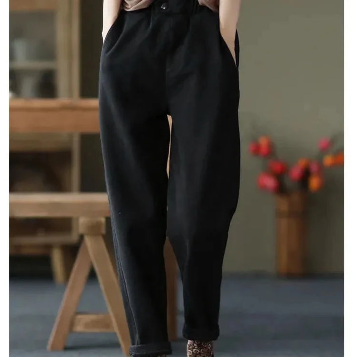 Women's Black Thick-Option Harem Pants Showing Loose Fit And Side Pockets