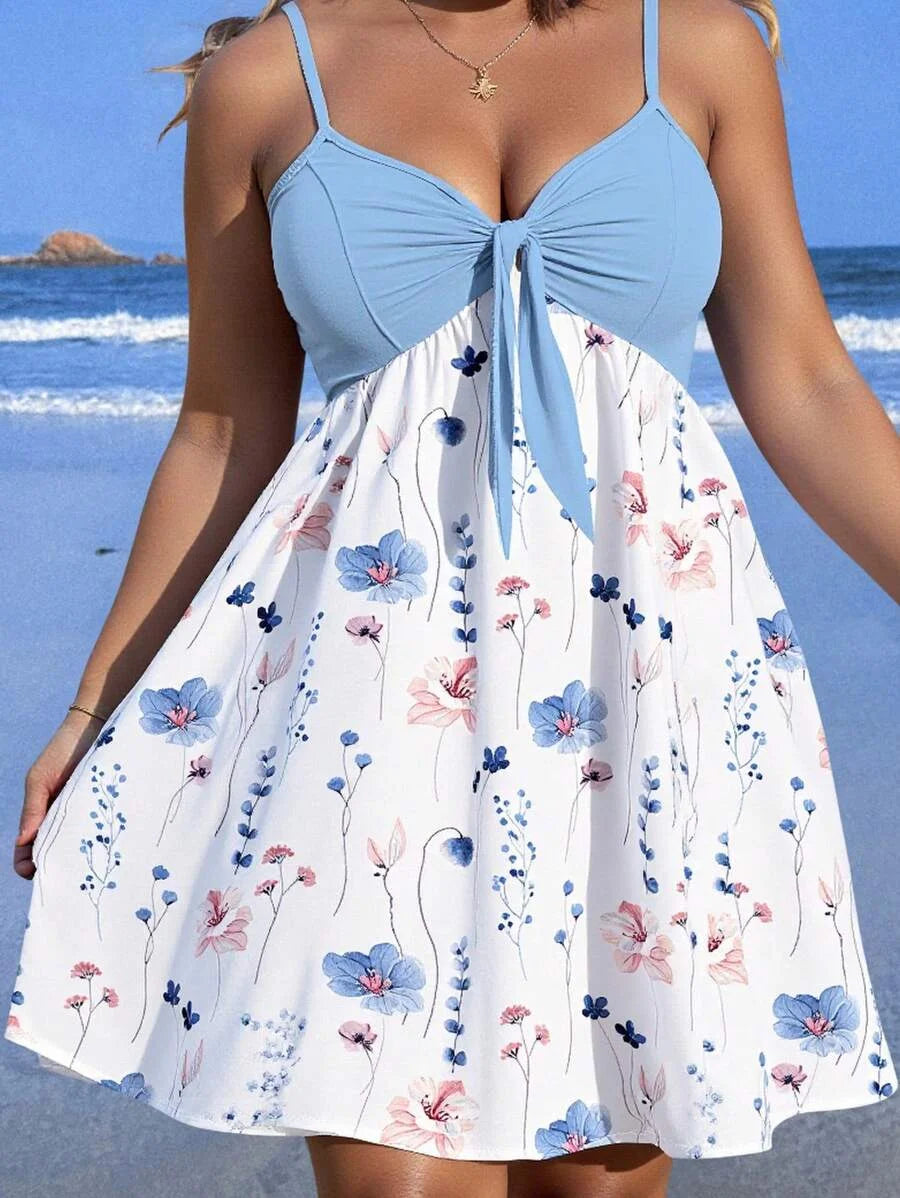 Sky-blue tie-front floral sundress with thin straps