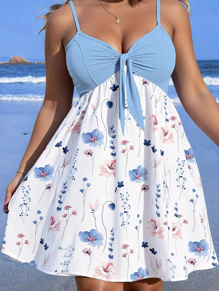 Sky-blue tie-front floral sundress with thin straps
