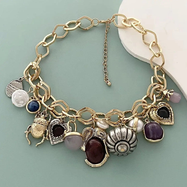 Women's Necklaces - Retro Shell Heart Stone Pendant Choker Gold Silver