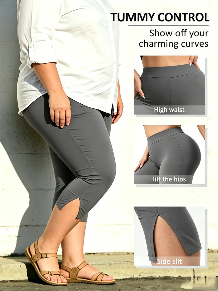 Dark grey high-waist tummy-control capri leggings with side slits