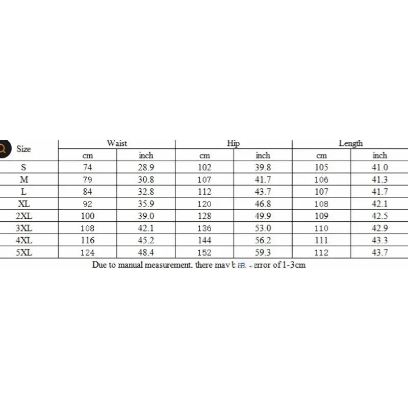 Jeans size chart table with waist, hip, and length measurements for S–5XL