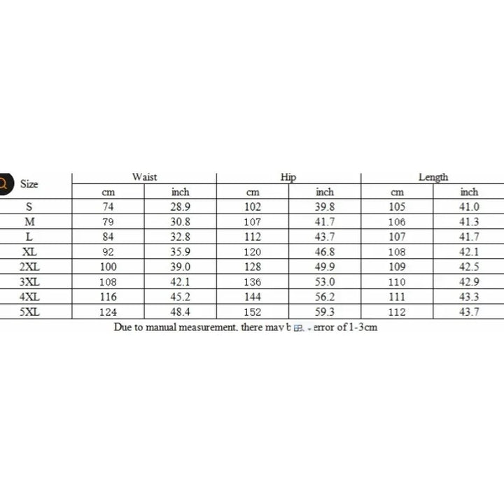 Jeans size chart table with waist, hip, and length measurements for S–5XL